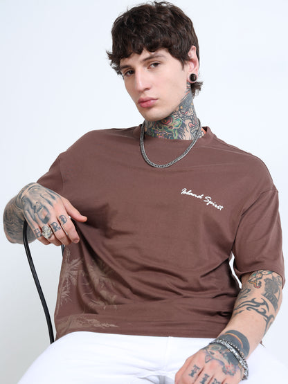 Men’s Brown Island Spirit Oversized T-Shirt | Pure Cotton Drop Shoulder Casual Graphic Tee