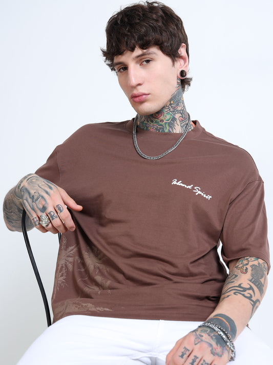 Men’s Brown Island Spirit Oversized T-Shirt | Pure Cotton Drop Shoulder Casual Graphic Tee