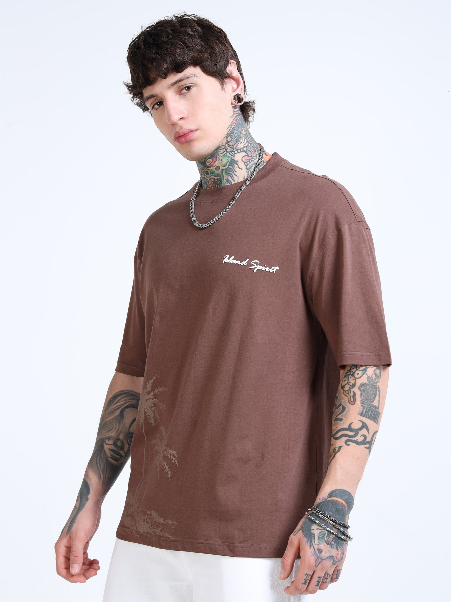 Men’s Brown Island Spirit Oversized T-Shirt | Pure Cotton Drop Shoulder Casual Graphic Tee