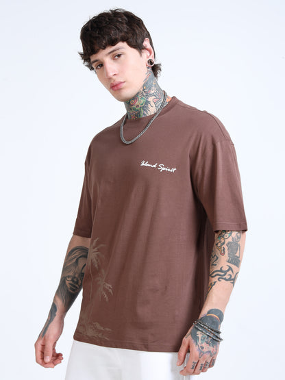 Men’s Brown Island Spirit Oversized T-Shirt | Pure Cotton Drop Shoulder Casual Graphic Tee