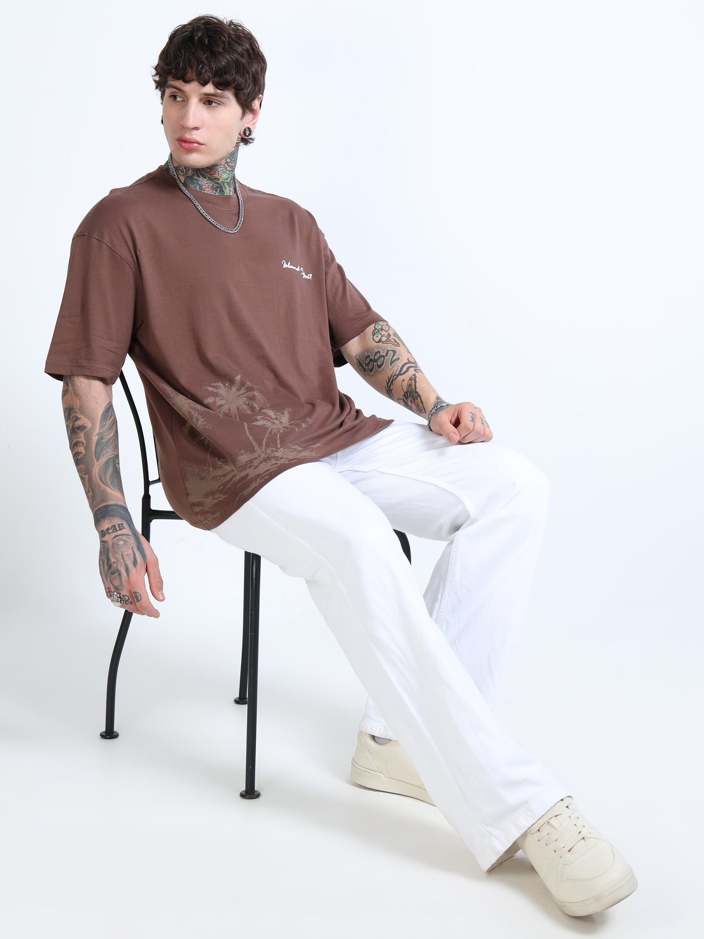 Men’s Brown Island Spirit Oversized T-Shirt | Pure Cotton Drop Shoulder Casual Graphic Tee