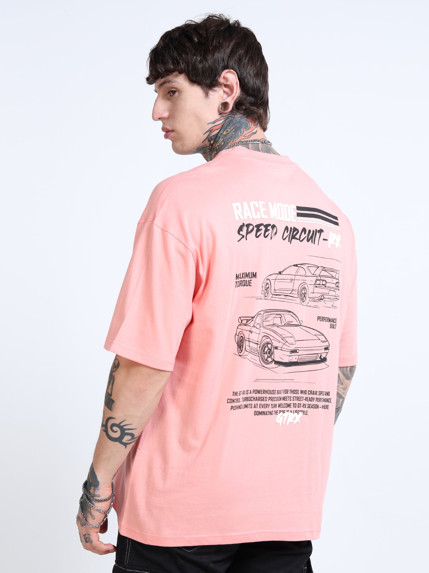 Men’s Onion Pink Oversized T-Shirt – 100% Pure Cotton Drop Shoulder Car Graphic Tee