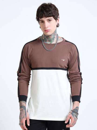 Men’s Brown & Off-White Colorblock Long Sleeve Crew Neck T-Shirt with Contrast Shoulder Stripes
