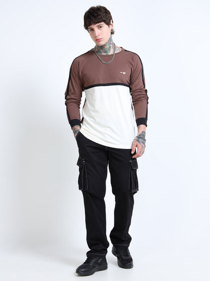 Men’s Brown & Off-White Colorblock Long Sleeve Crew Neck T-Shirt with Contrast Shoulder Stripes