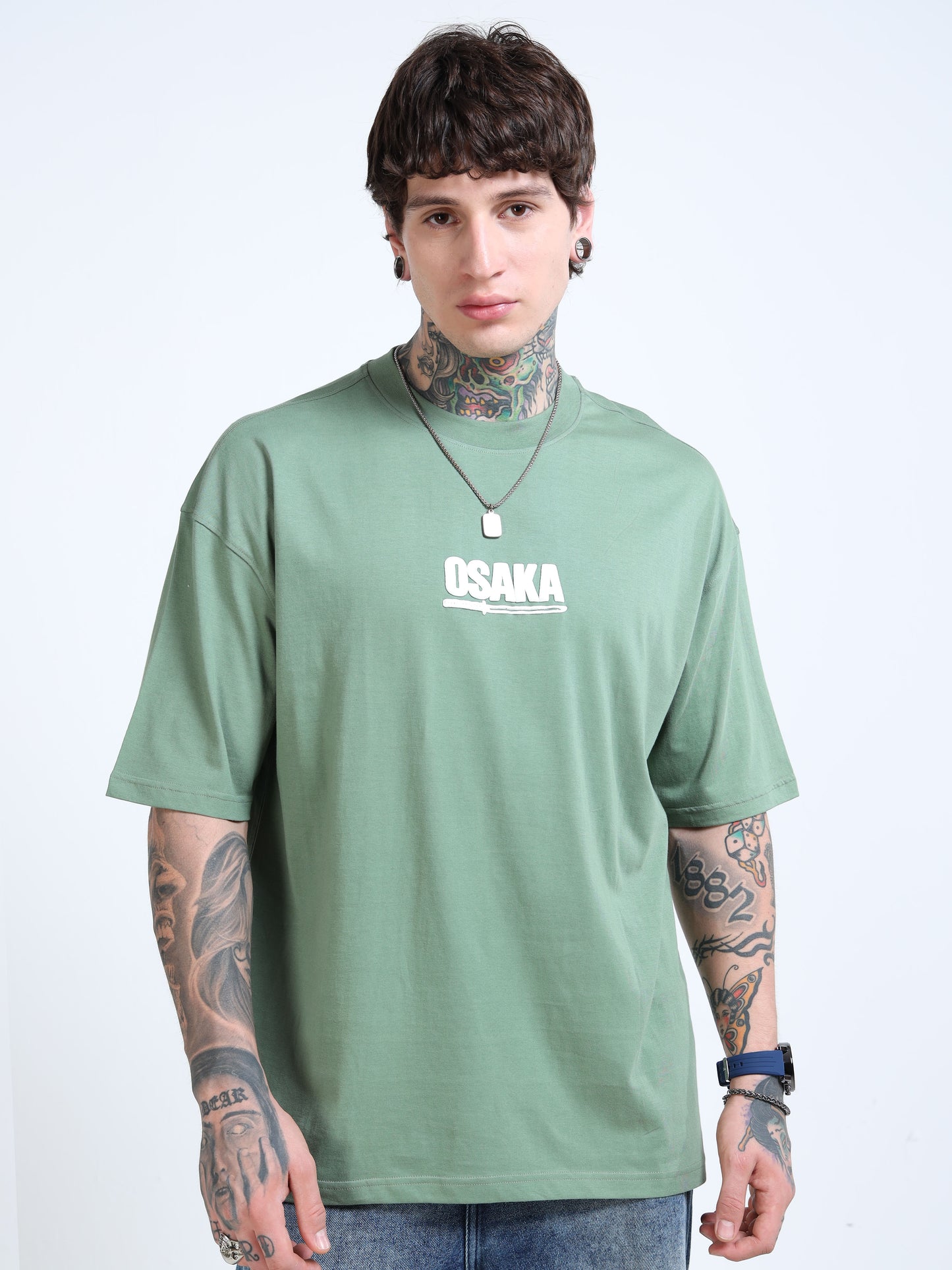 Men’s Sage Green Osaka Graphic Oversized T-Shirt | Pure Cotton Drop Shoulder Casual Streetwear Tee