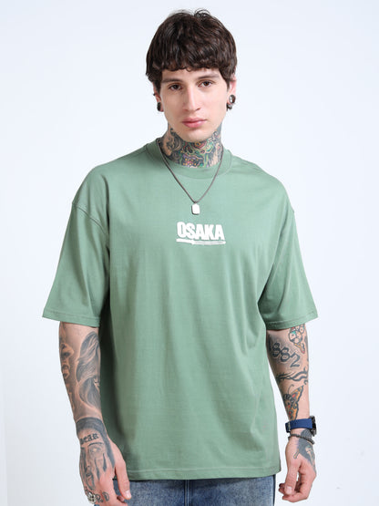 Men’s Sage Green Osaka Graphic Oversized T-Shirt | Pure Cotton Drop Shoulder Casual Streetwear Tee