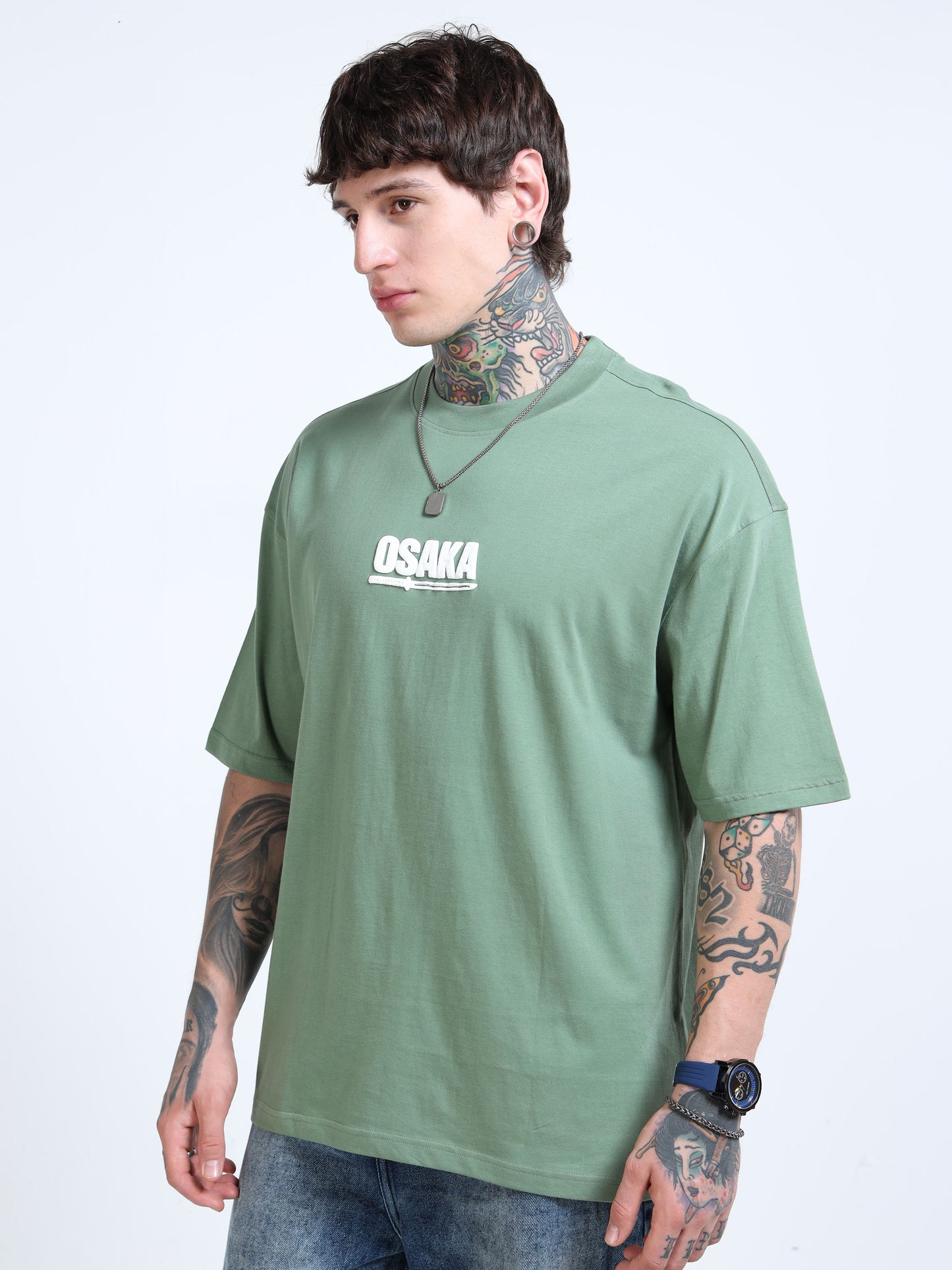 Men’s Sage Green Osaka Graphic Oversized T-Shirt | Pure Cotton Drop Shoulder Casual Streetwear Tee