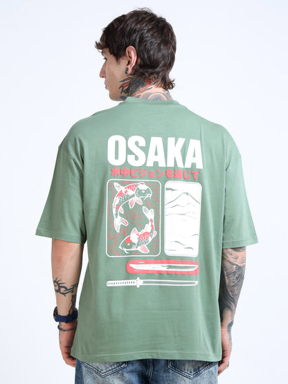 Men’s Sage Green Osaka Graphic Oversized T-Shirt | Pure Cotton Drop Shoulder Casual Streetwear Tee