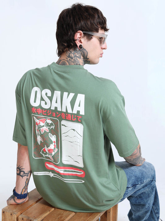 Men’s Sage Green Osaka Graphic Oversized T-Shirt | Pure Cotton Drop Shoulder Casual Streetwear Tee