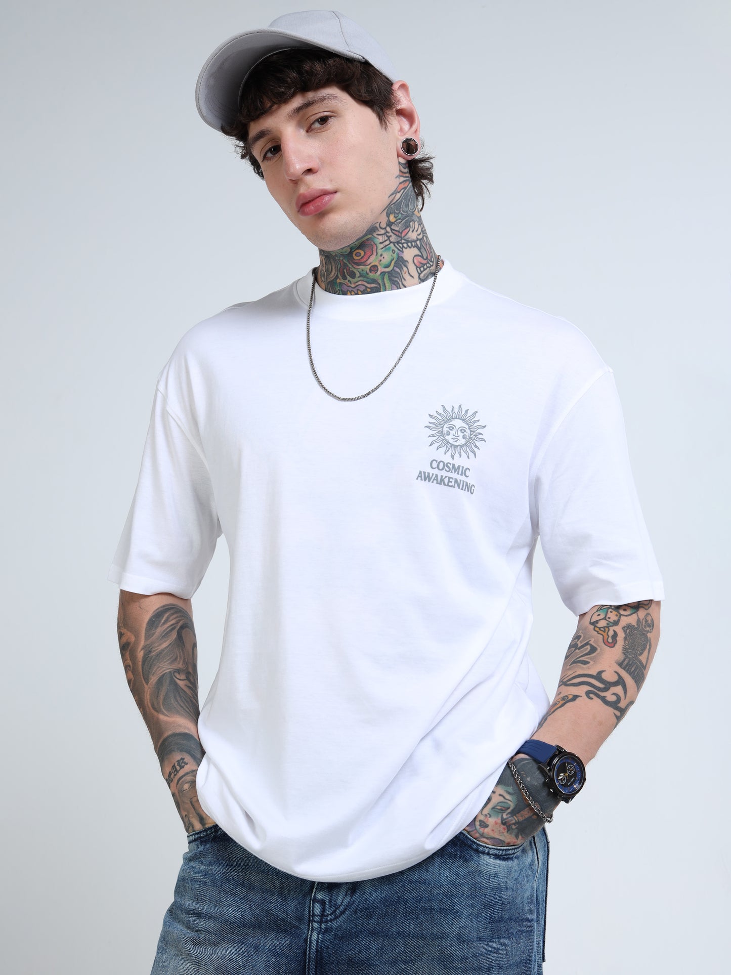 Men Oversized Printed Cotton Round Neck Drop-Shoulder Sleeves T-shirt