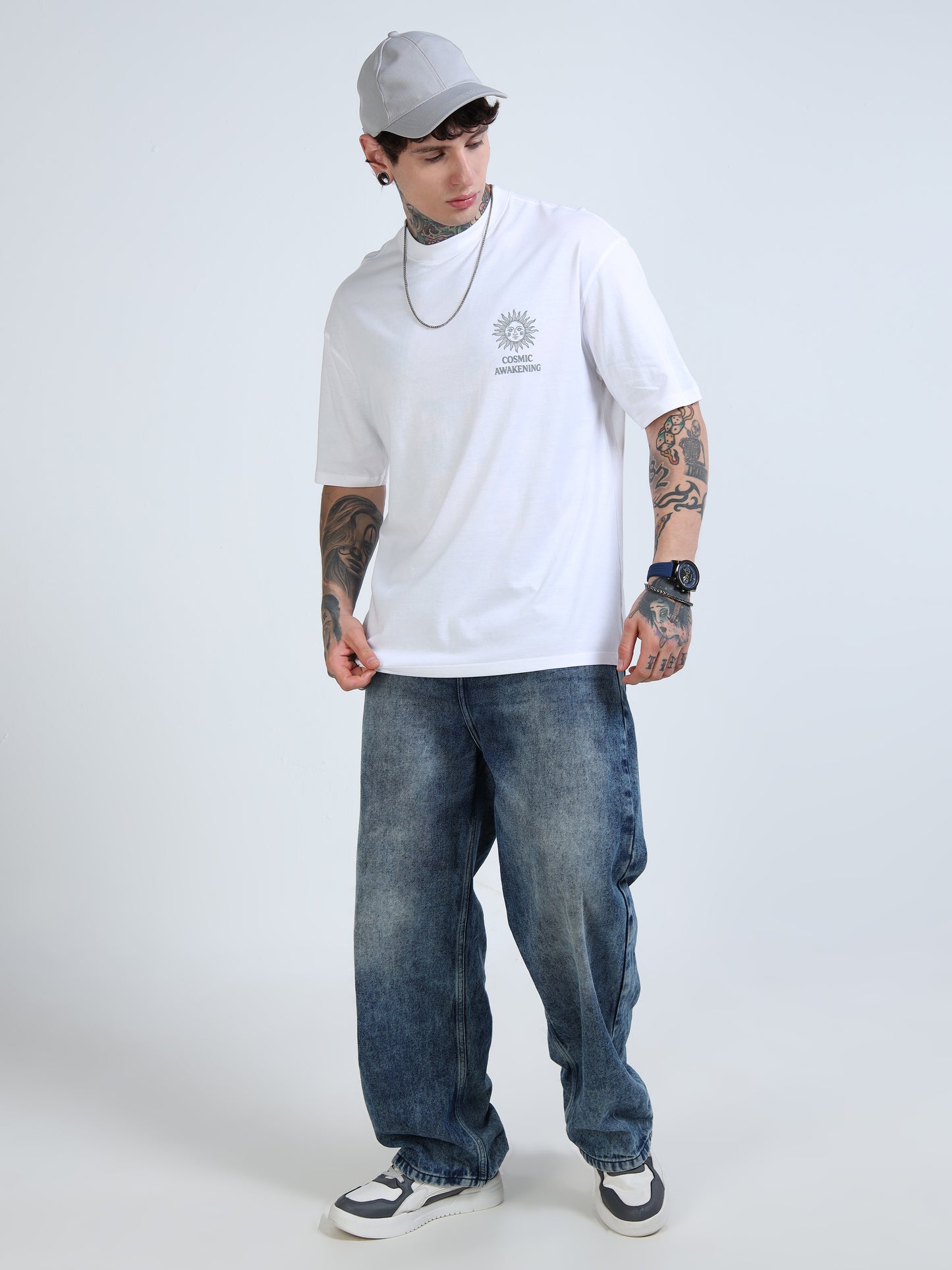 Men Oversized Printed Cotton Round Neck Drop-Shoulder Sleeves T-shirt