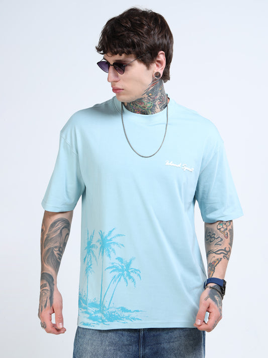 Men’s Sky Blue Island Spirit Oversized T-Shirt | Pure Cotton Drop Shoulder Casual Graphic Tee