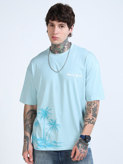 Men’s Sky Blue Island Spirit Oversized T-Shirt | Pure Cotton Drop Shoulder Casual Graphic Tee