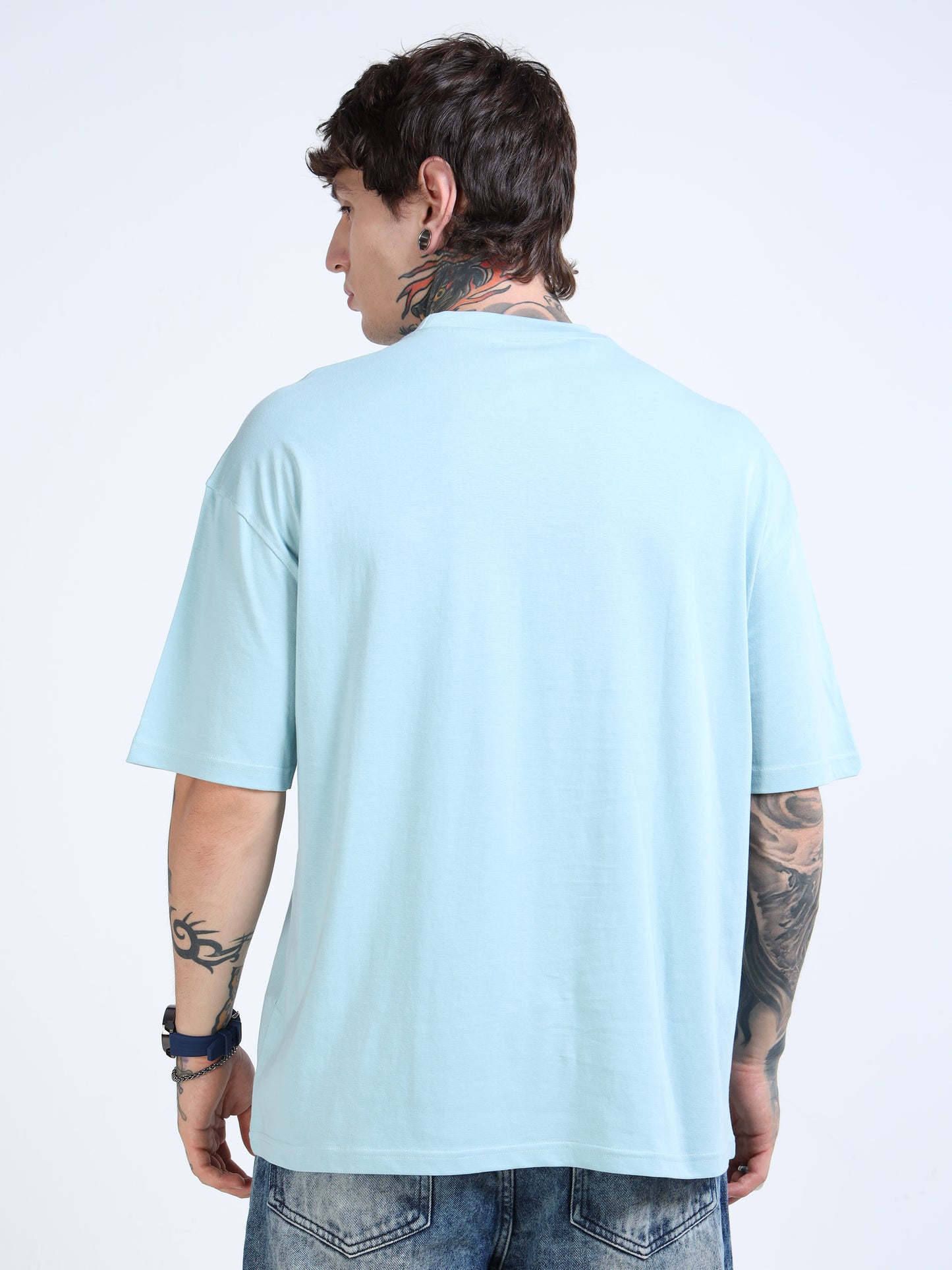 Men’s Sky Blue Island Spirit Oversized T-Shirt | Pure Cotton Drop Shoulder Casual Graphic Tee