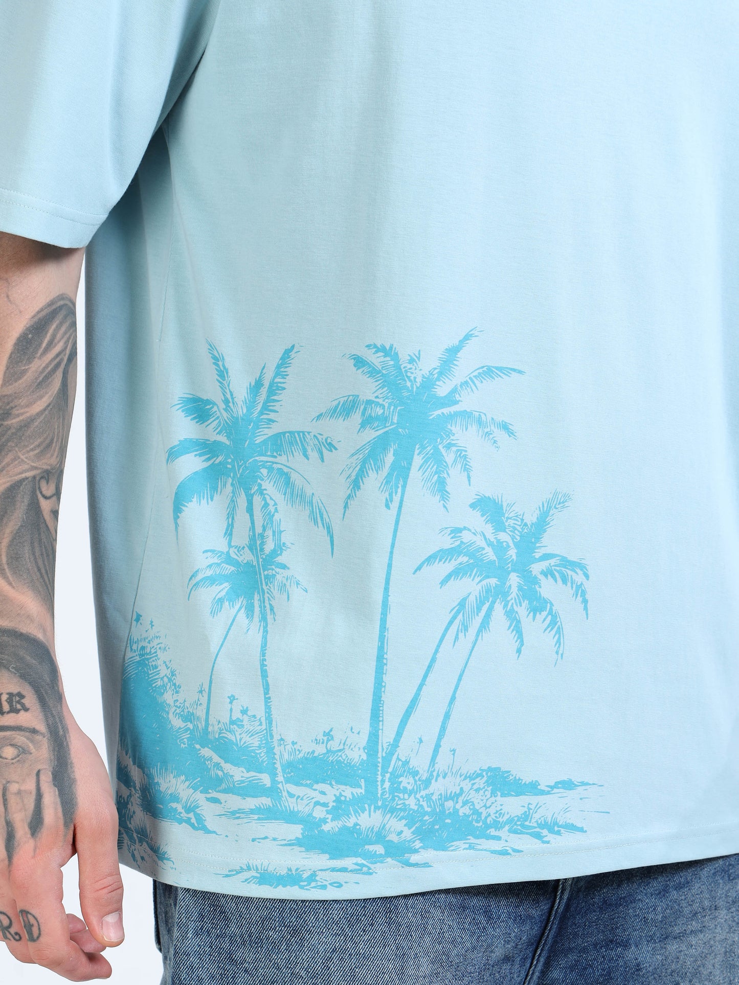 Men’s Sky Blue Island Spirit Oversized T-Shirt | Pure Cotton Drop Shoulder Casual Graphic Tee