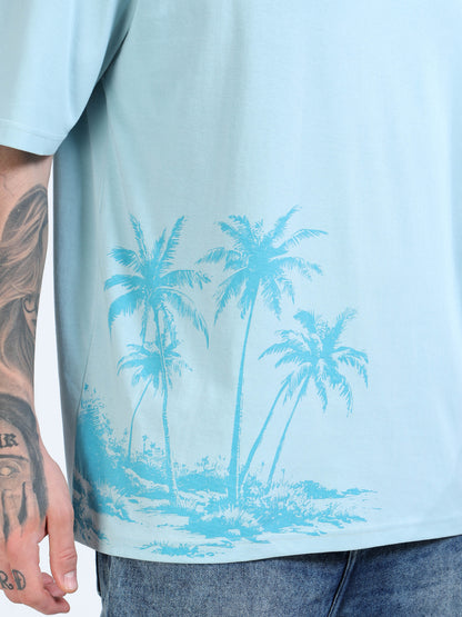 Men’s Sky Blue Island Spirit Oversized T-Shirt | Pure Cotton Drop Shoulder Casual Graphic Tee