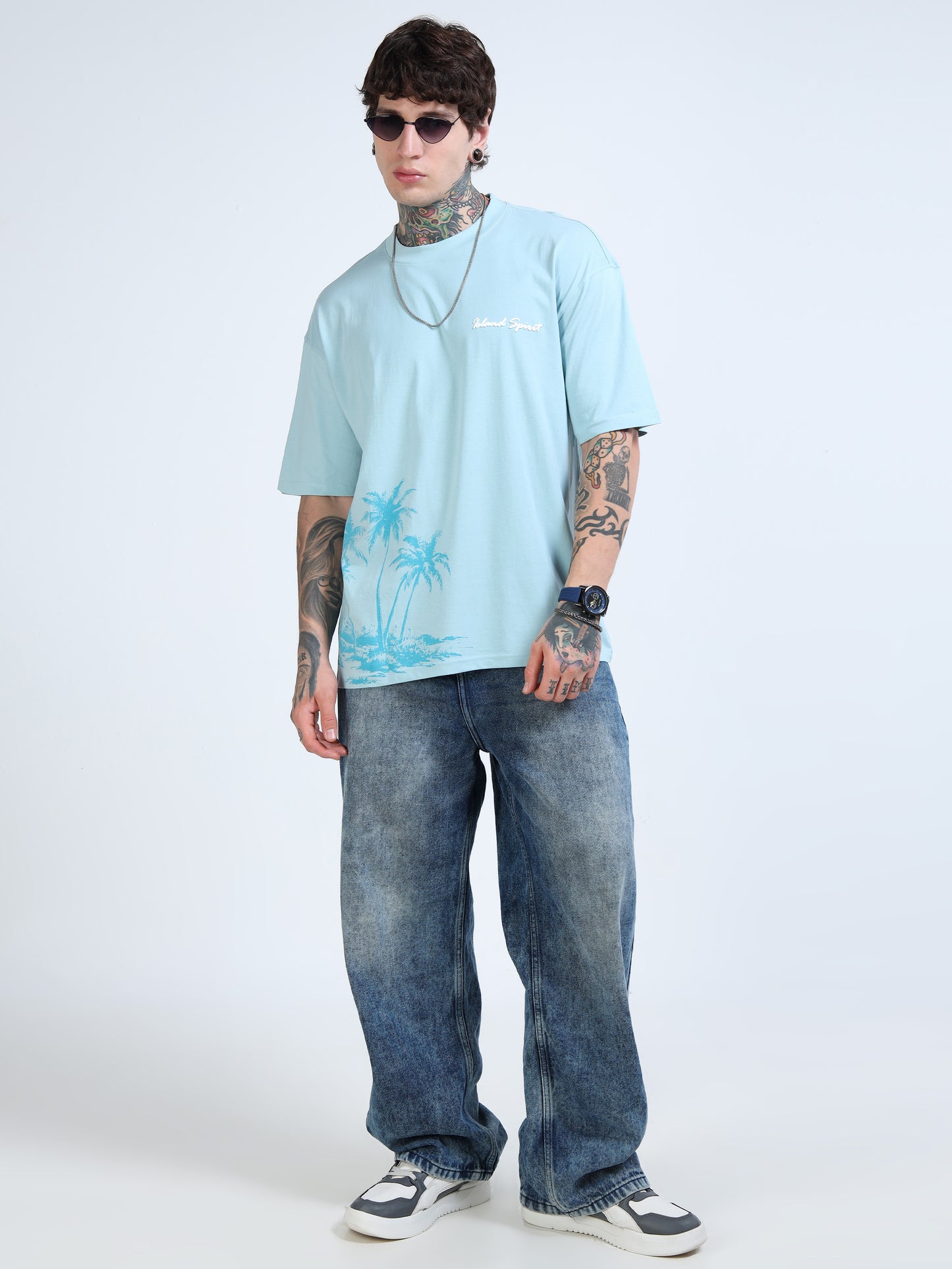 Men’s Sky Blue Island Spirit Oversized T-Shirt | Pure Cotton Drop Shoulder Casual Graphic Tee