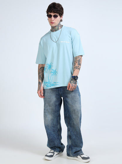 Men’s Sky Blue Island Spirit Oversized T-Shirt | Pure Cotton Drop Shoulder Casual Graphic Tee