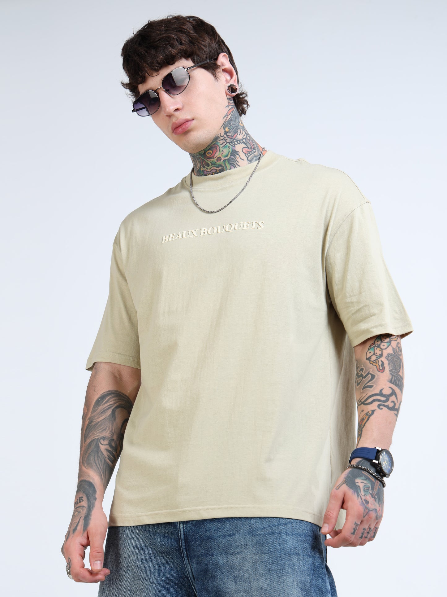 Men’s Beige Beaux Bouquets Oversized T-Shirt | Pure Cotton Drop Shoulder Floral Graphic Casual Tee