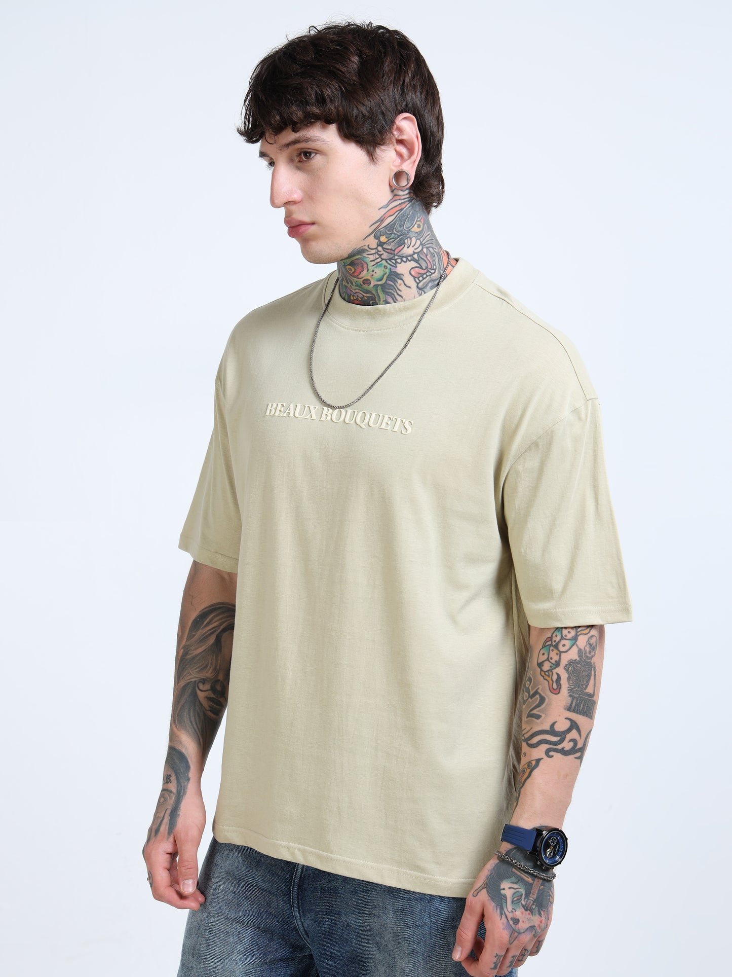 Men’s Beige Beaux Bouquets Oversized T-Shirt | Pure Cotton Drop Shoulder Floral Graphic Casual Tee