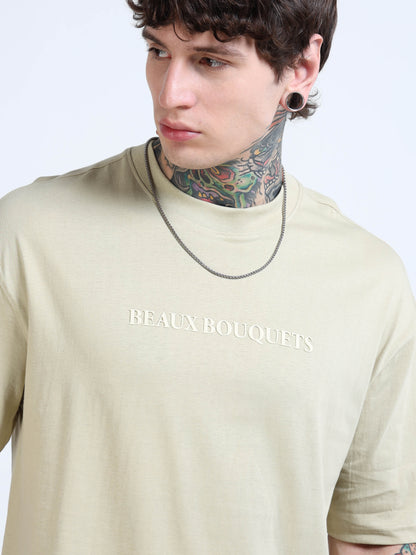 Men’s Beige Beaux Bouquets Oversized T-Shirt | Pure Cotton Drop Shoulder Floral Graphic Casual Tee