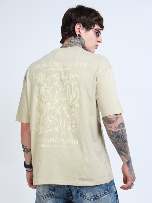 Men’s Beige Beaux Bouquets Oversized T-Shirt | Pure Cotton Drop Shoulder Floral Graphic Casual Tee