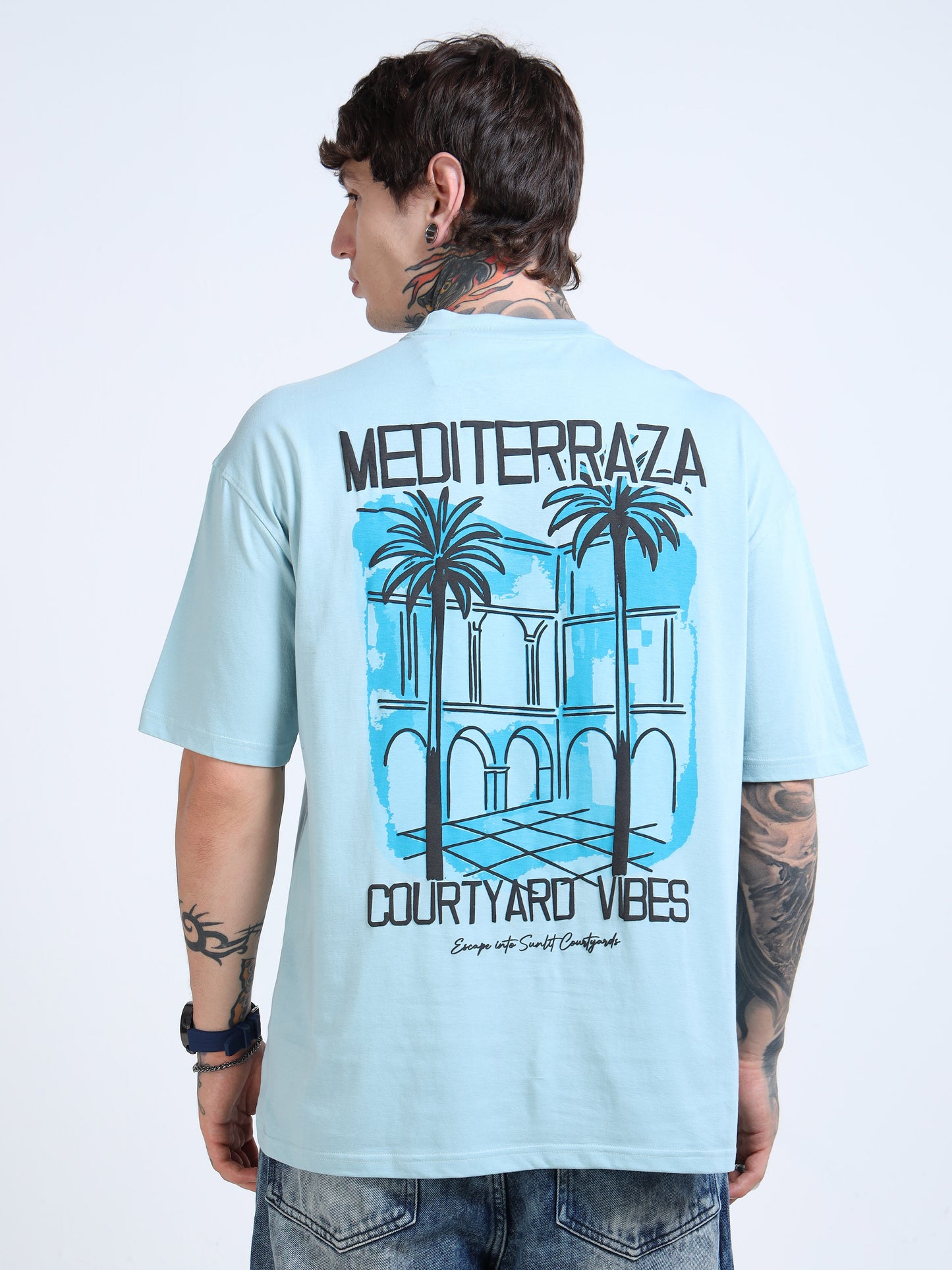 Men’s Sky Blue Oversized T-Shirt – 100% Pure Cotton Drop Shoulder Graphic Tee