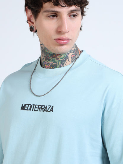 Men’s Sky Blue Oversized T-Shirt – 100% Pure Cotton Drop Shoulder Graphic Tee