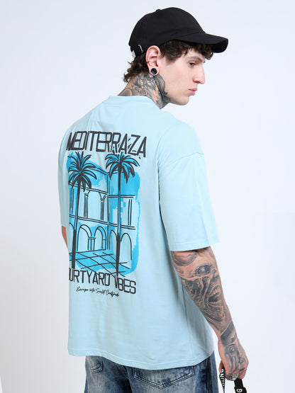 Men’s Sky Blue Oversized T-Shirt – 100% Pure Cotton Drop Shoulder Graphic Tee