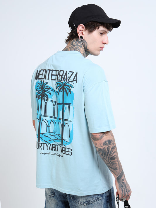 Men’s Sky Blue Oversized T-Shirt – 100% Pure Cotton Drop Shoulder Graphic Tee