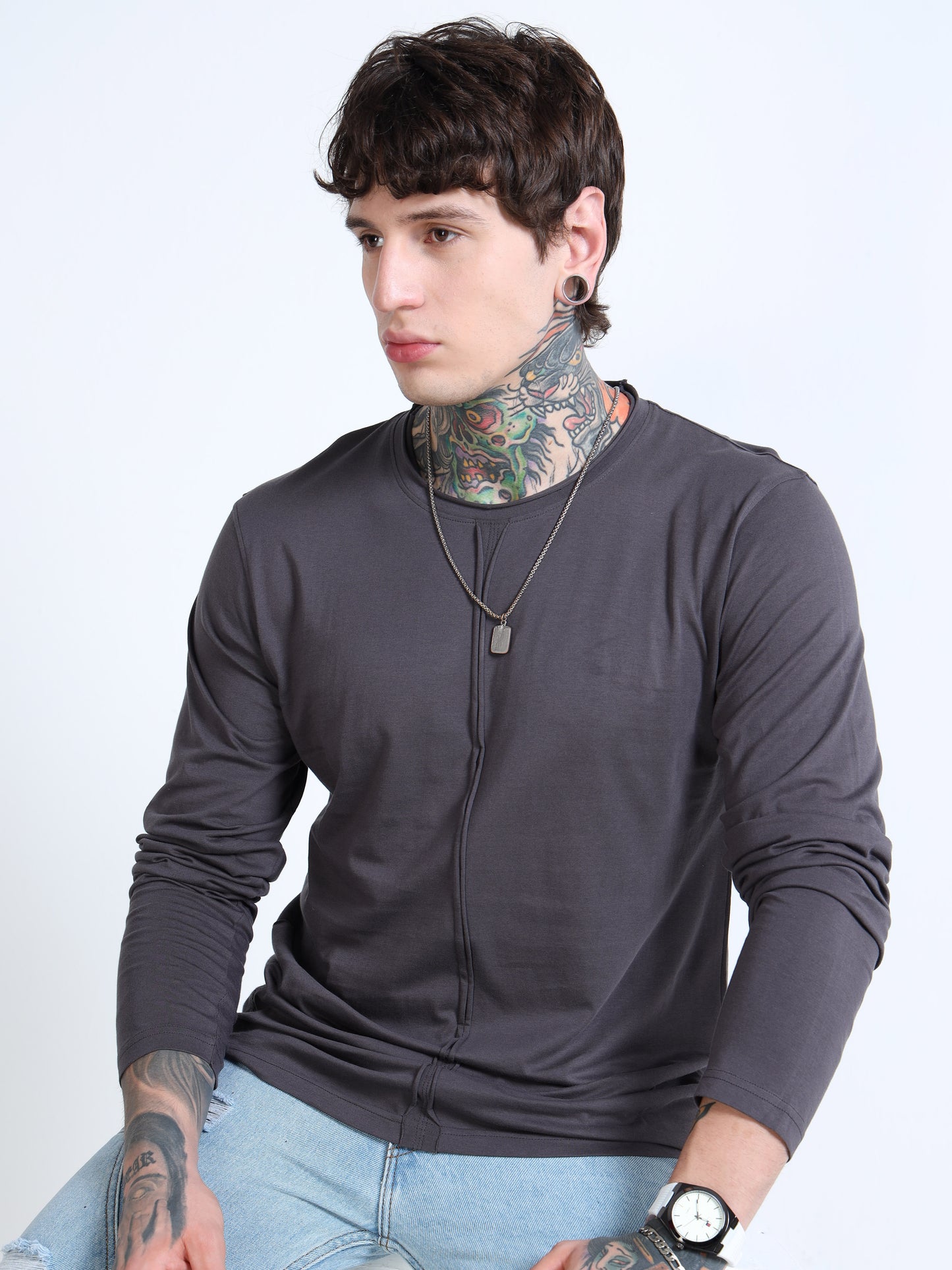 Men Dark Grey Full Sleeve Raw Edge T-shirt