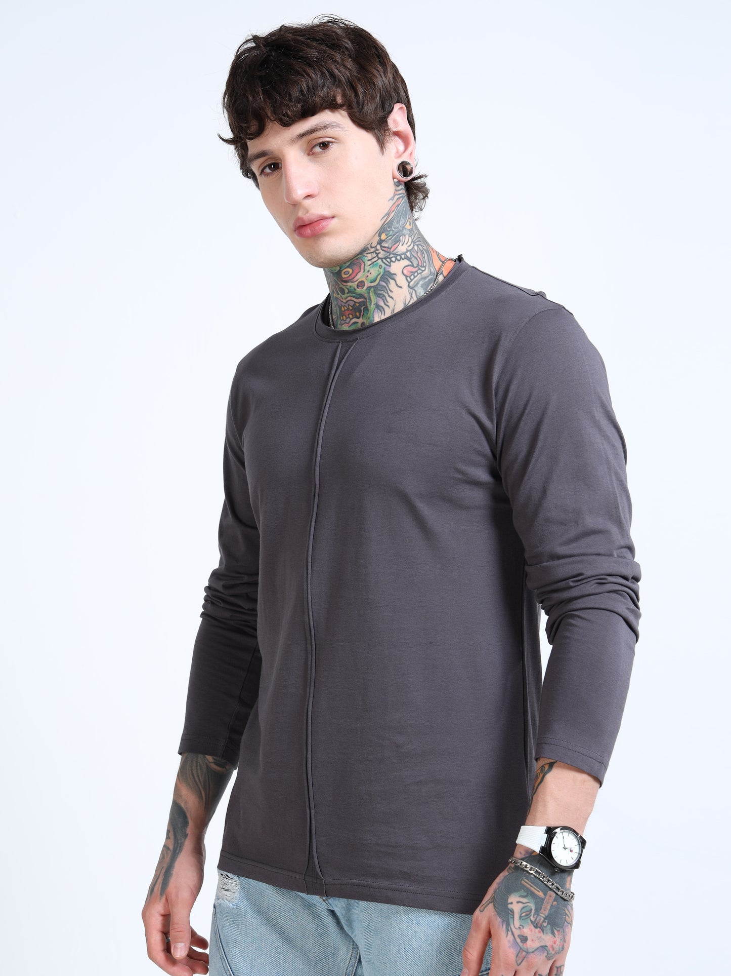 Men Dark Grey Full Sleeve Raw Edge T-shirt
