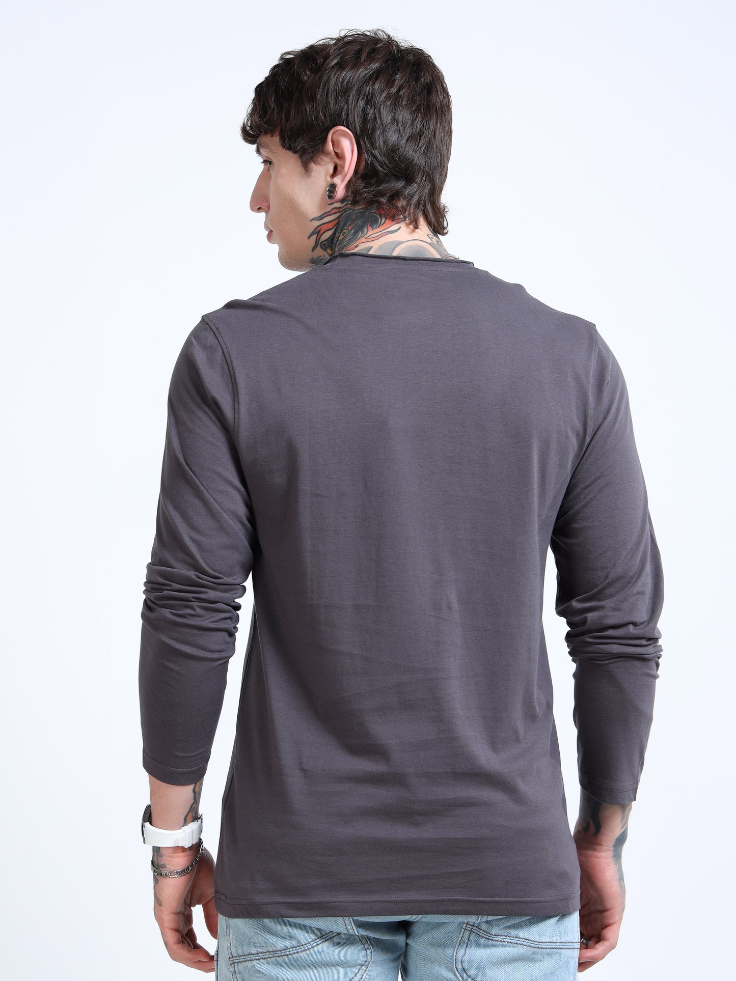 Men Dark Grey Full Sleeve Raw Edge T-shirt