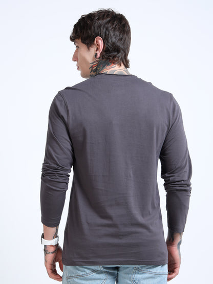 Men Dark Grey Full Sleeve Raw Edge T-shirt