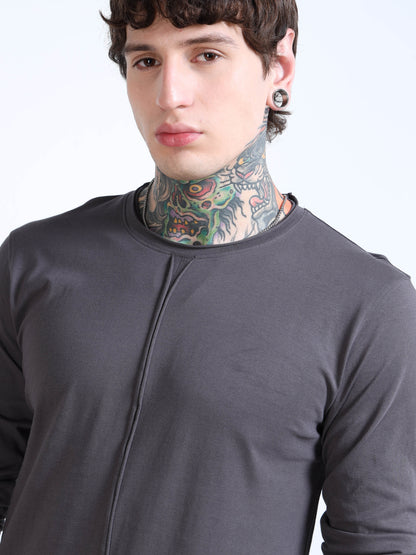 Men Dark Grey Full Sleeve Raw Edge T-shirt