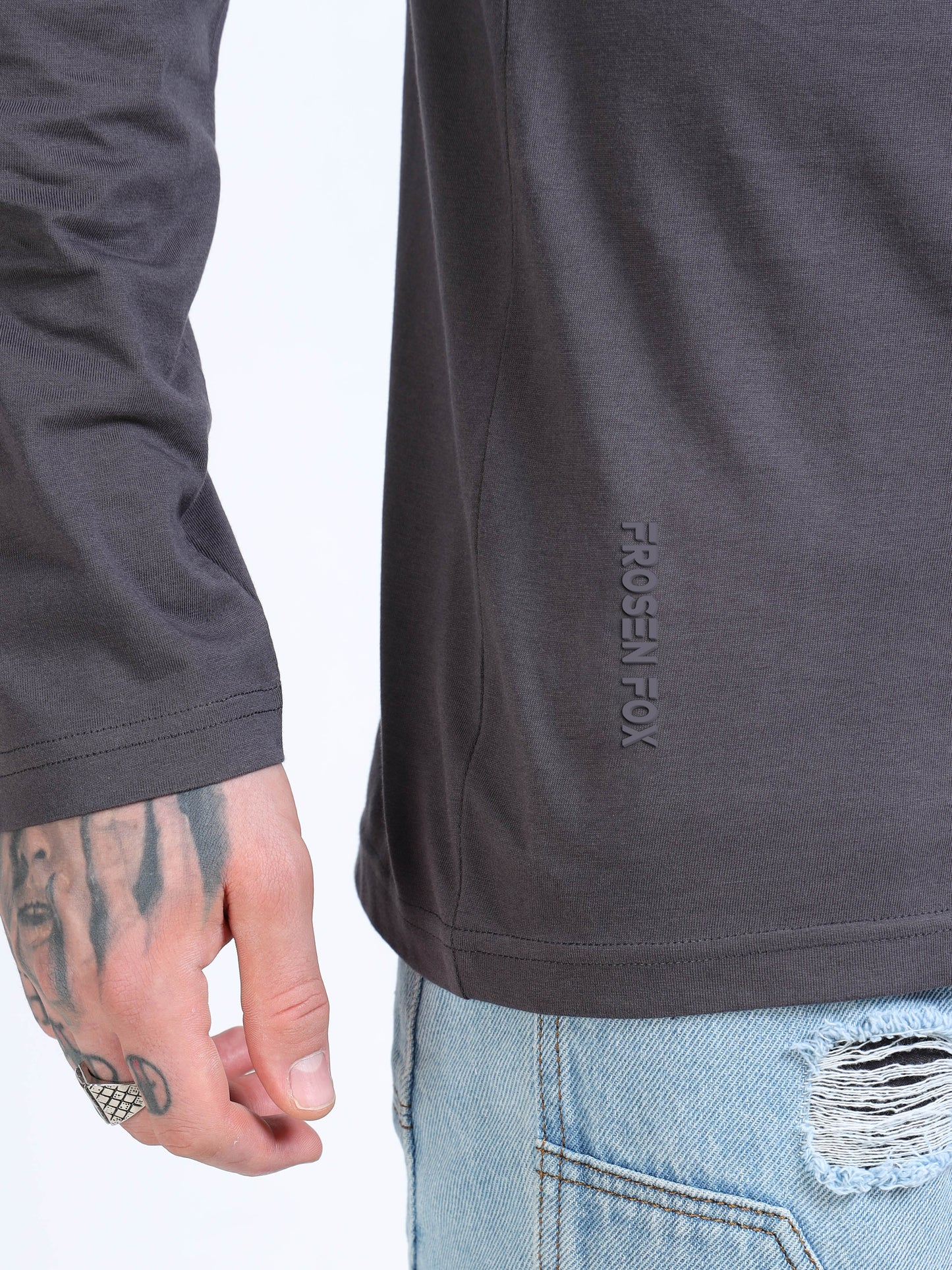 Men Dark Grey Full Sleeve Raw Edge T-shirt