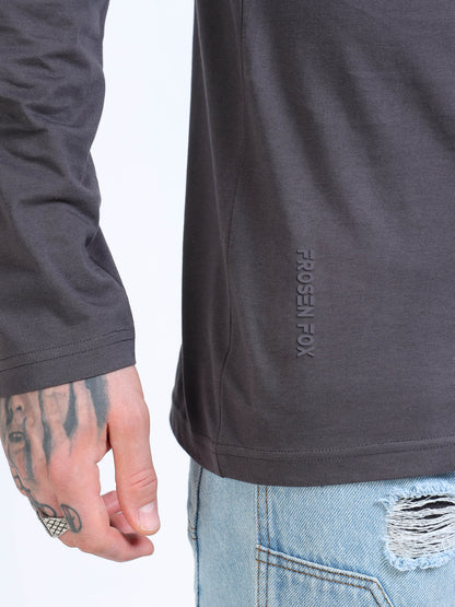 Men Dark Grey Full Sleeve Raw Edge T-shirt