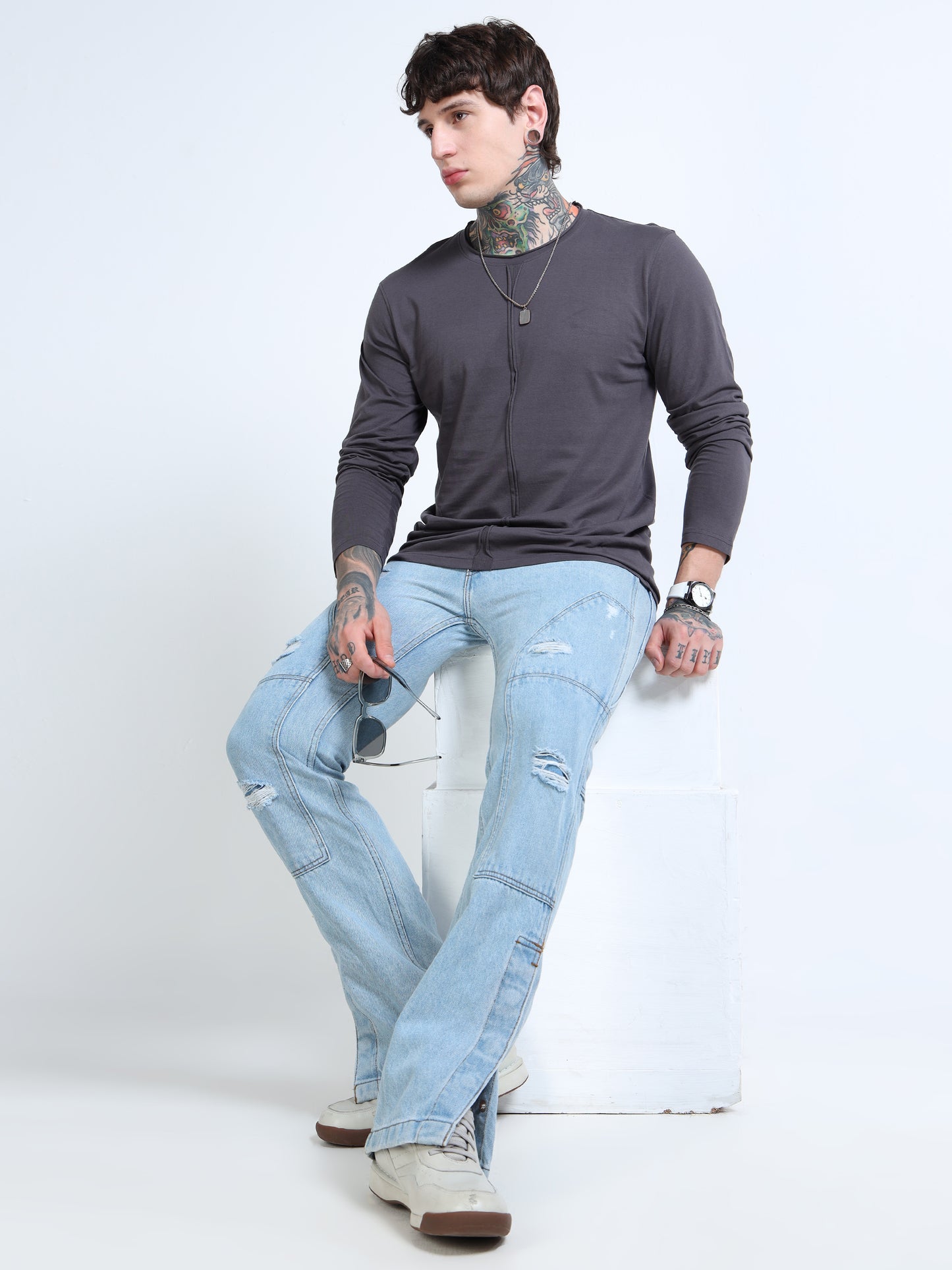 Men Dark Grey Full Sleeve Raw Edge T-shirt