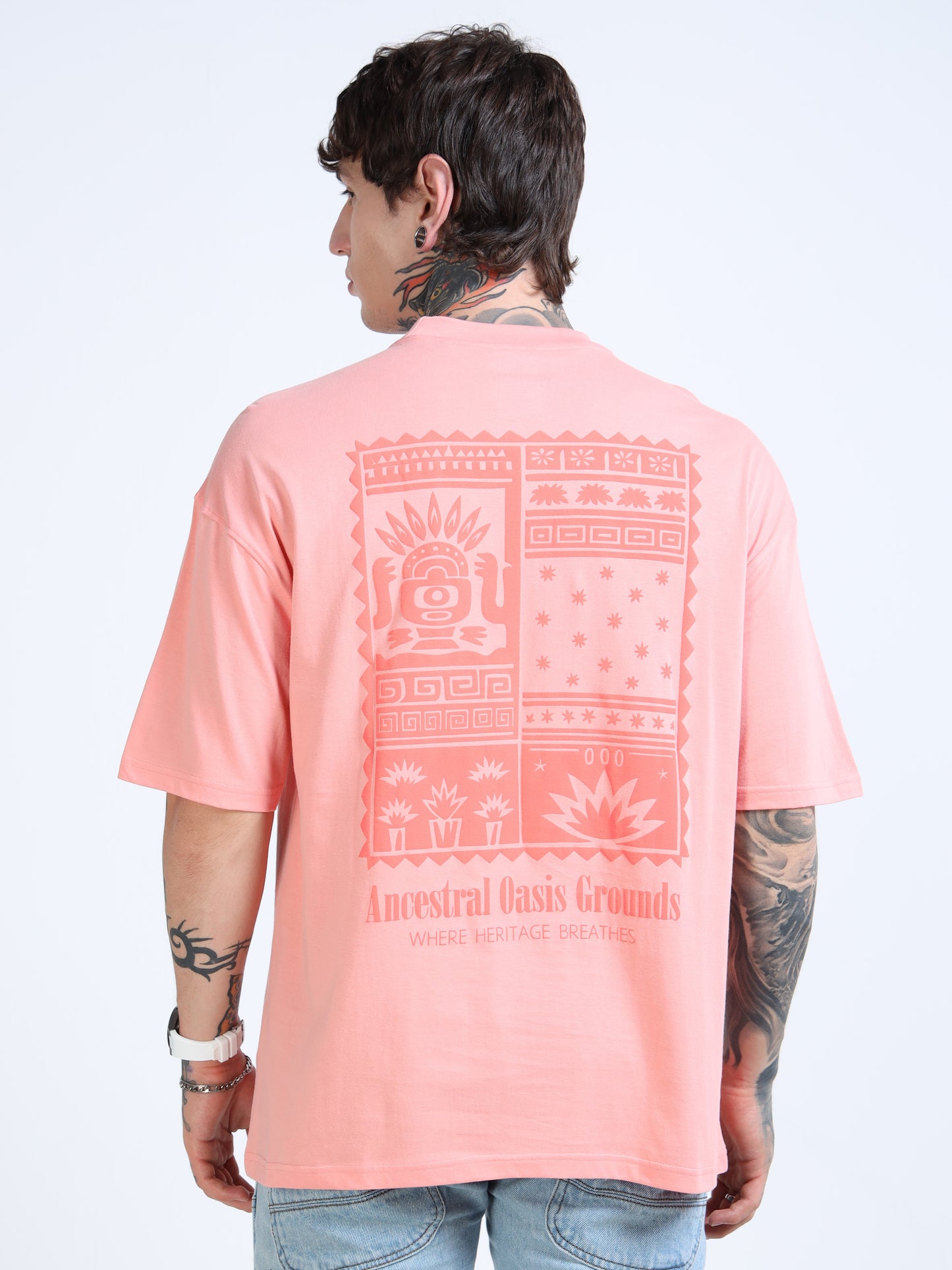 Men’s Peach Oversized T-Shirt – 100% Pure Cotton Drop Shoulder Back Print Tee