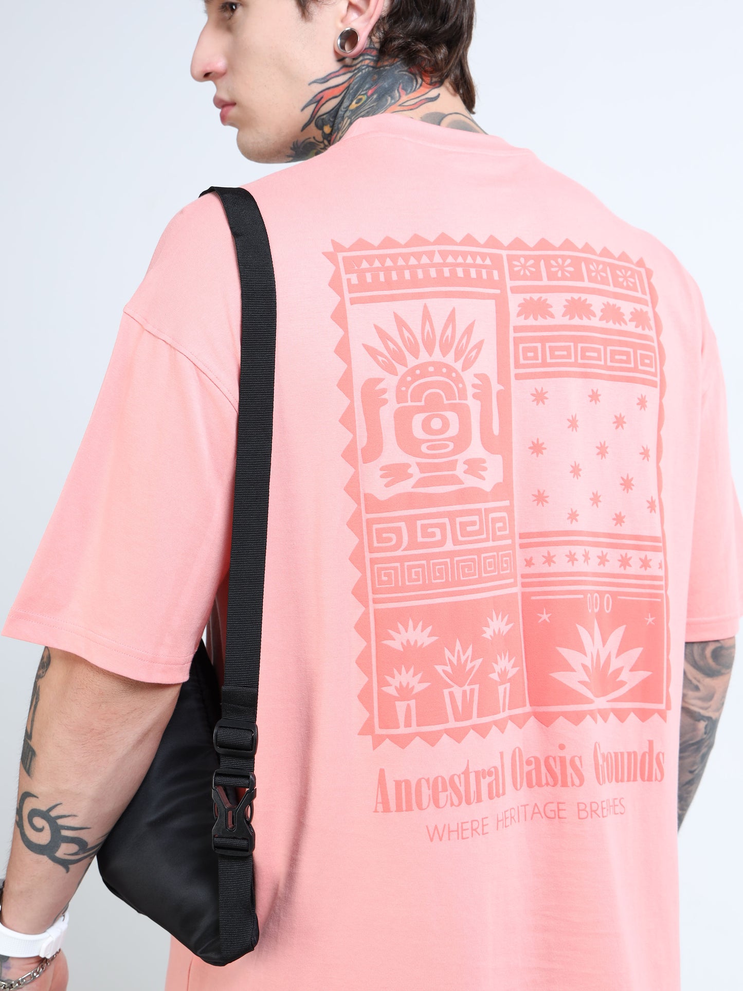 Men’s Peach Oversized T-Shirt – 100% Pure Cotton Drop Shoulder Back Print Tee