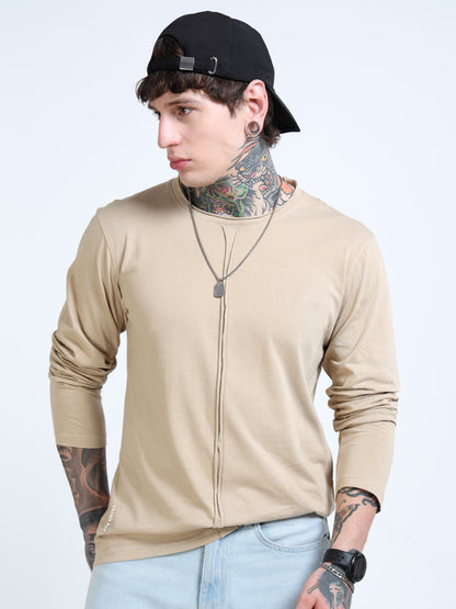 Men Beige Full Sleeve Raw Edge T-shirt