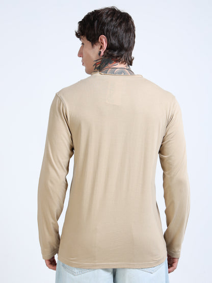 Men Beige Full Sleeve Raw Edge T-shirt