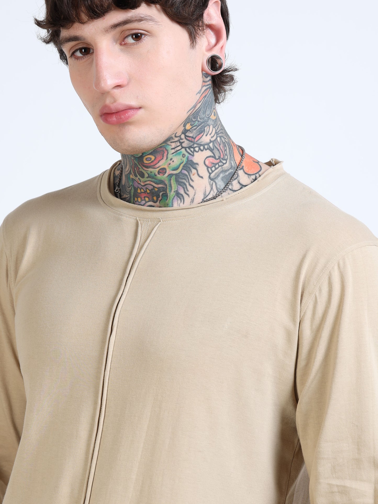 Men Beige Full Sleeve Raw Edge T-shirt