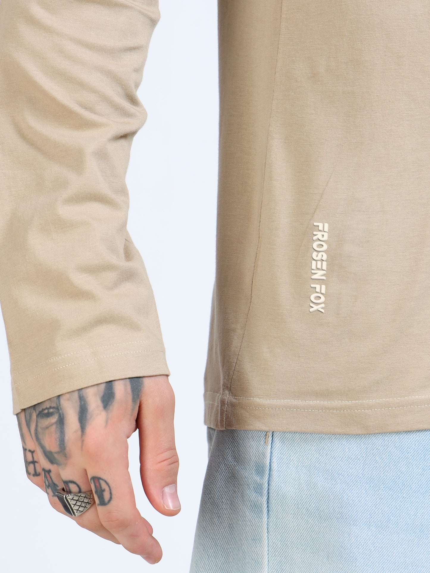 Men Beige Full Sleeve Raw Edge T-shirt
