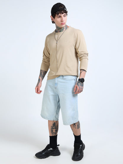 Men Beige Full Sleeve Raw Edge T-shirt