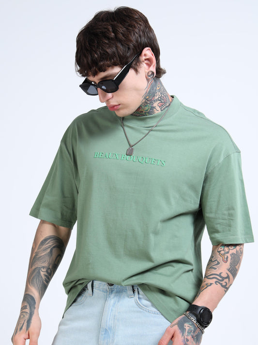 Men’s Green Beaux Bouquets Oversized T-Shirt | Pure Cotton Drop Shoulder Floral Graphic Casual Tee