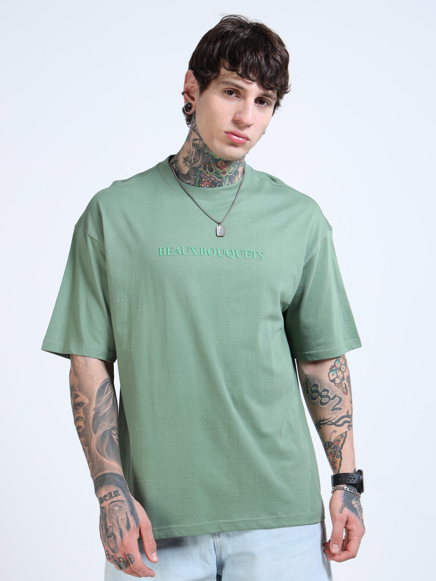 Men’s Green Beaux Bouquets Oversized T-Shirt | Pure Cotton Drop Shoulder Floral Graphic Casual Tee