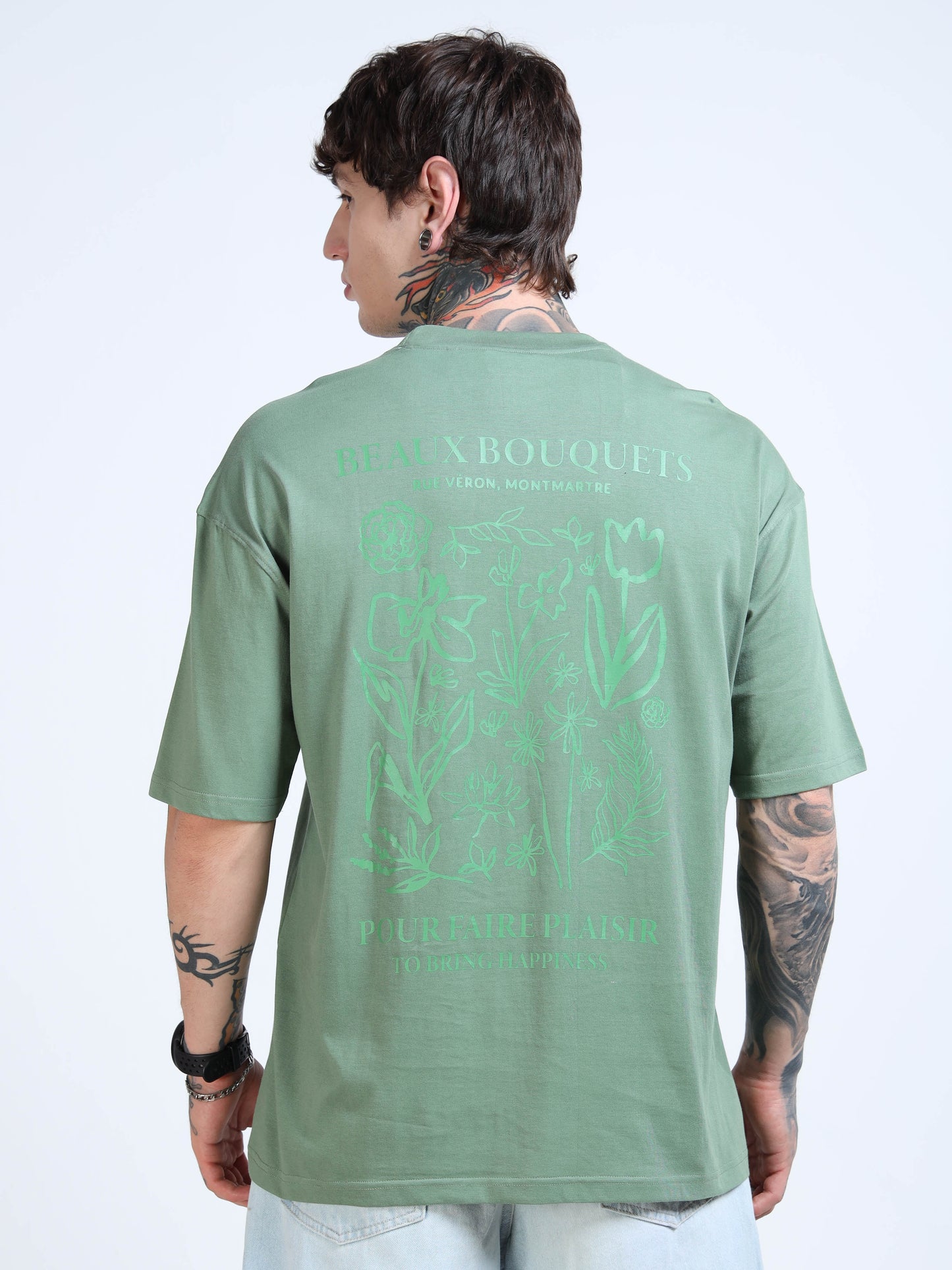 Men’s Green Beaux Bouquets Oversized T-Shirt | Pure Cotton Drop Shoulder Floral Graphic Casual Tee