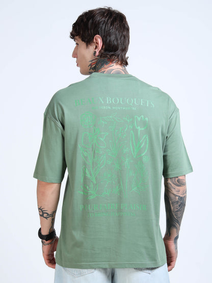 Men’s Green Beaux Bouquets Oversized T-Shirt | Pure Cotton Drop Shoulder Floral Graphic Casual Tee
