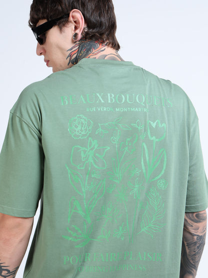 Men’s Green Beaux Bouquets Oversized T-Shirt | Pure Cotton Drop Shoulder Floral Graphic Casual Tee